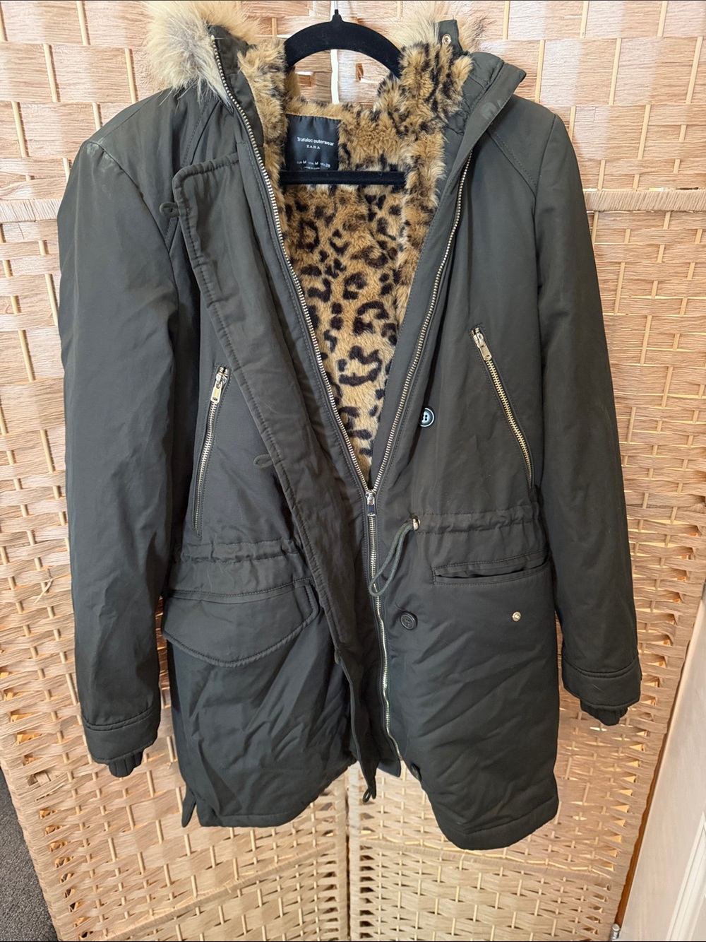 Zara Olive Green Military-Style Parka with Leopard Faux-Fur Lining